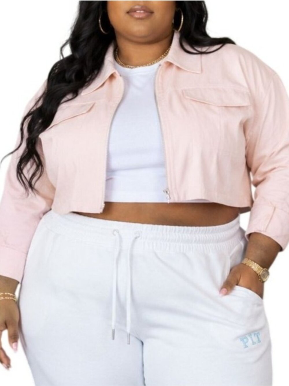 Rommoon Size XXL Jacket Cropped Zip-Up Pink Lapel Collar Chest Pockets